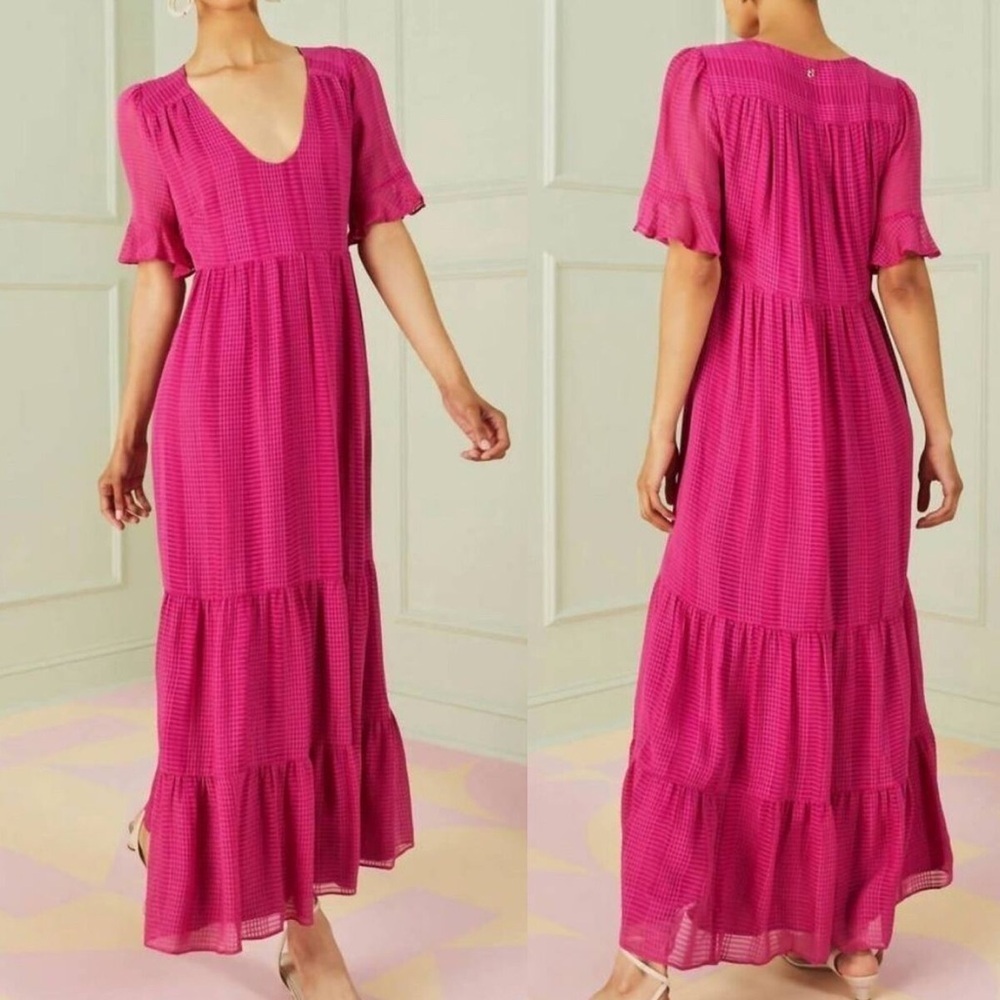 Marie Oliver Vanessa Fuschia Pink Subtle Plaid Short Sleeve V Neck Maxi‎ Dress